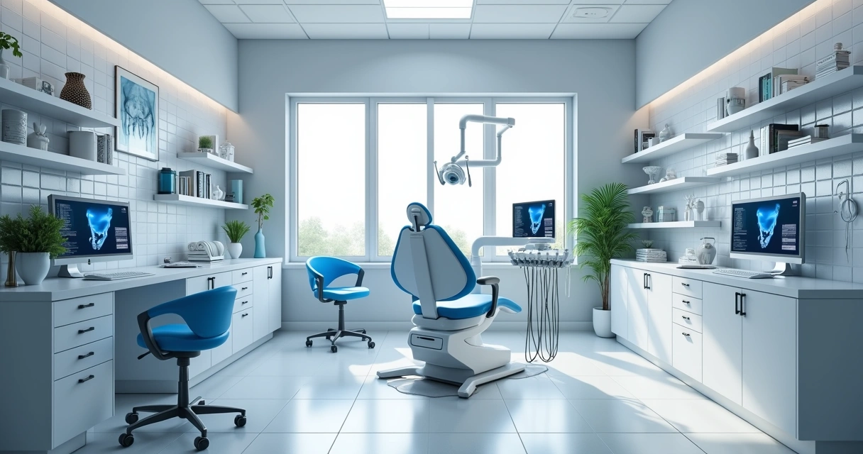 Consultório odontológico moderno com computadores e equipamentos automatizados 