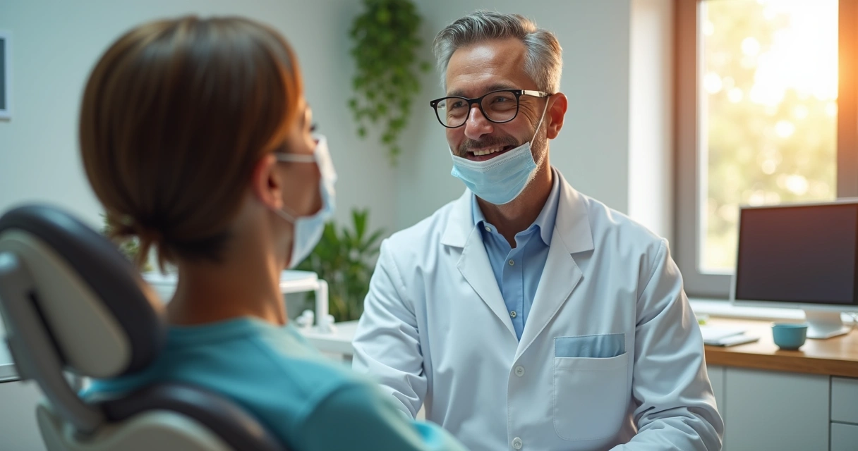 Dentista atendendo paciente com sorriso, ambiente acolhedor 