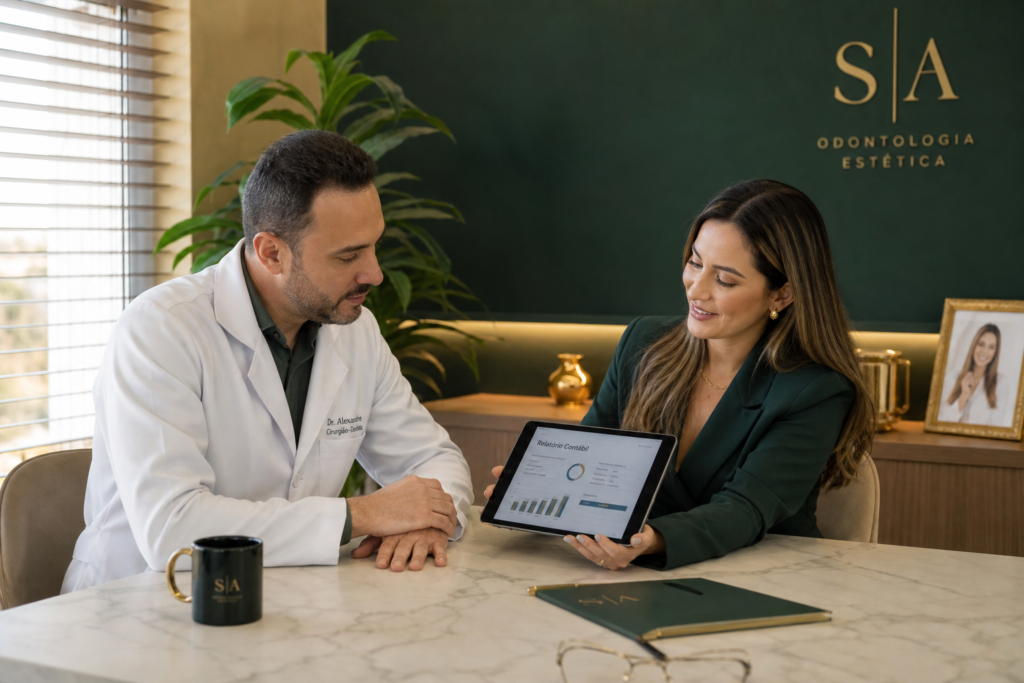 Dentista conversando com contadora especializada sobre como escolher contador para dentista