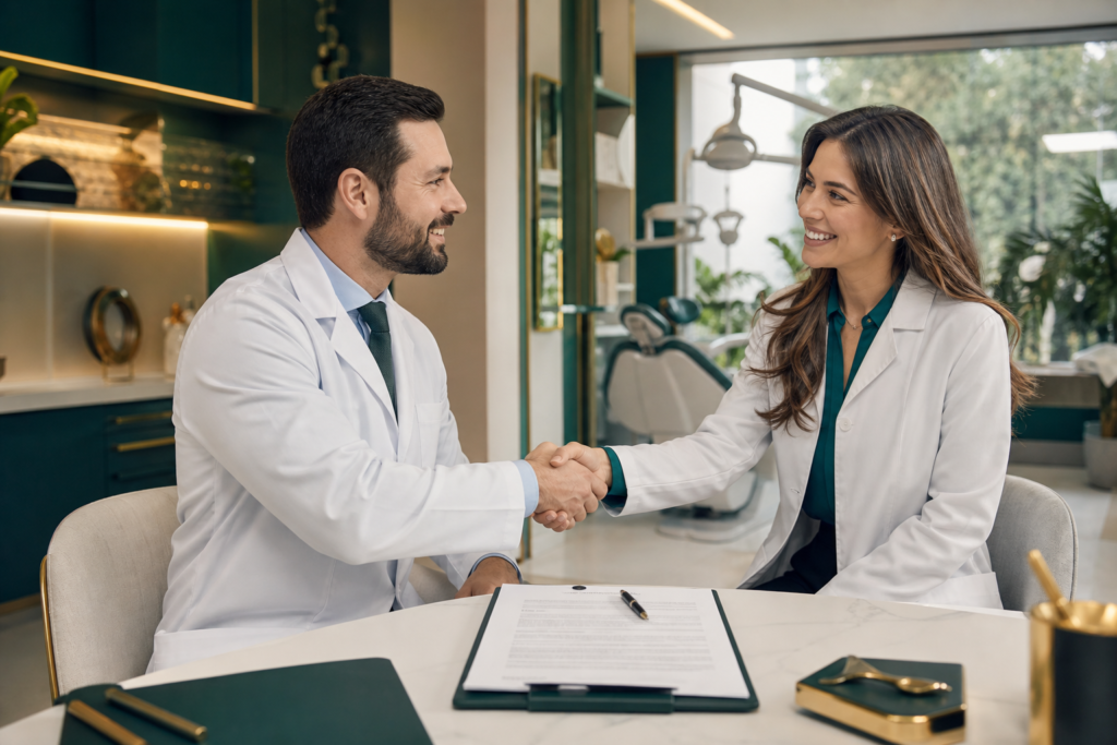 Dois dentistas apertando as mãos formalizando a entrada de sócio em clínica odontológica