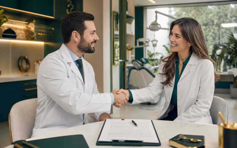 Dois dentistas apertando as mãos formalizando a entrada de sócio em clínica odontológica