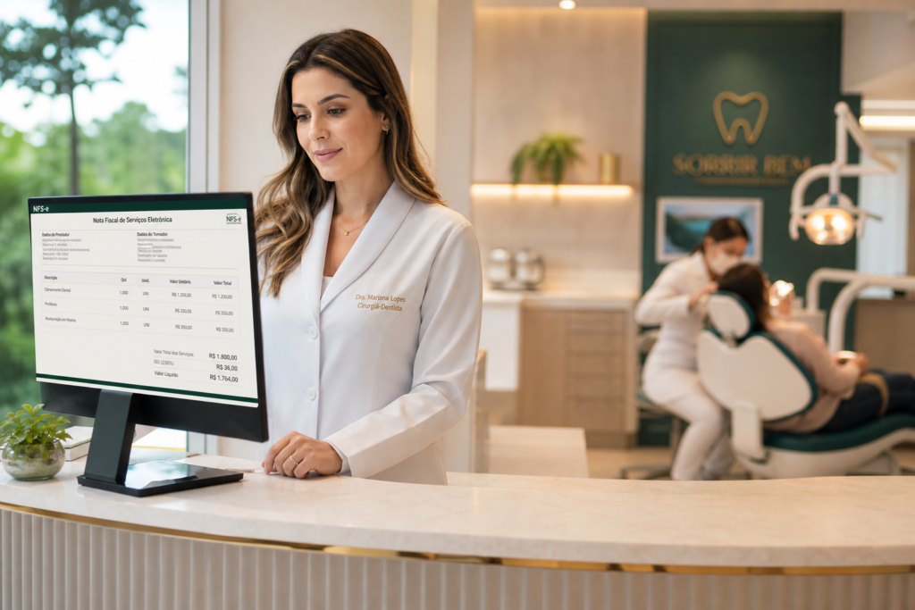 Dentista emitindo nota fiscal de serviço odontológico no consultório