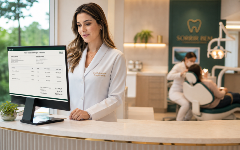 Dentista emitindo nota fiscal de serviço odontológico no consultório