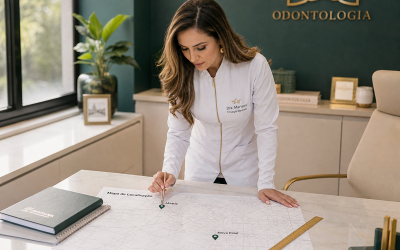 Dentista analisando planta de expansão para abrir filial de clínica odontológica